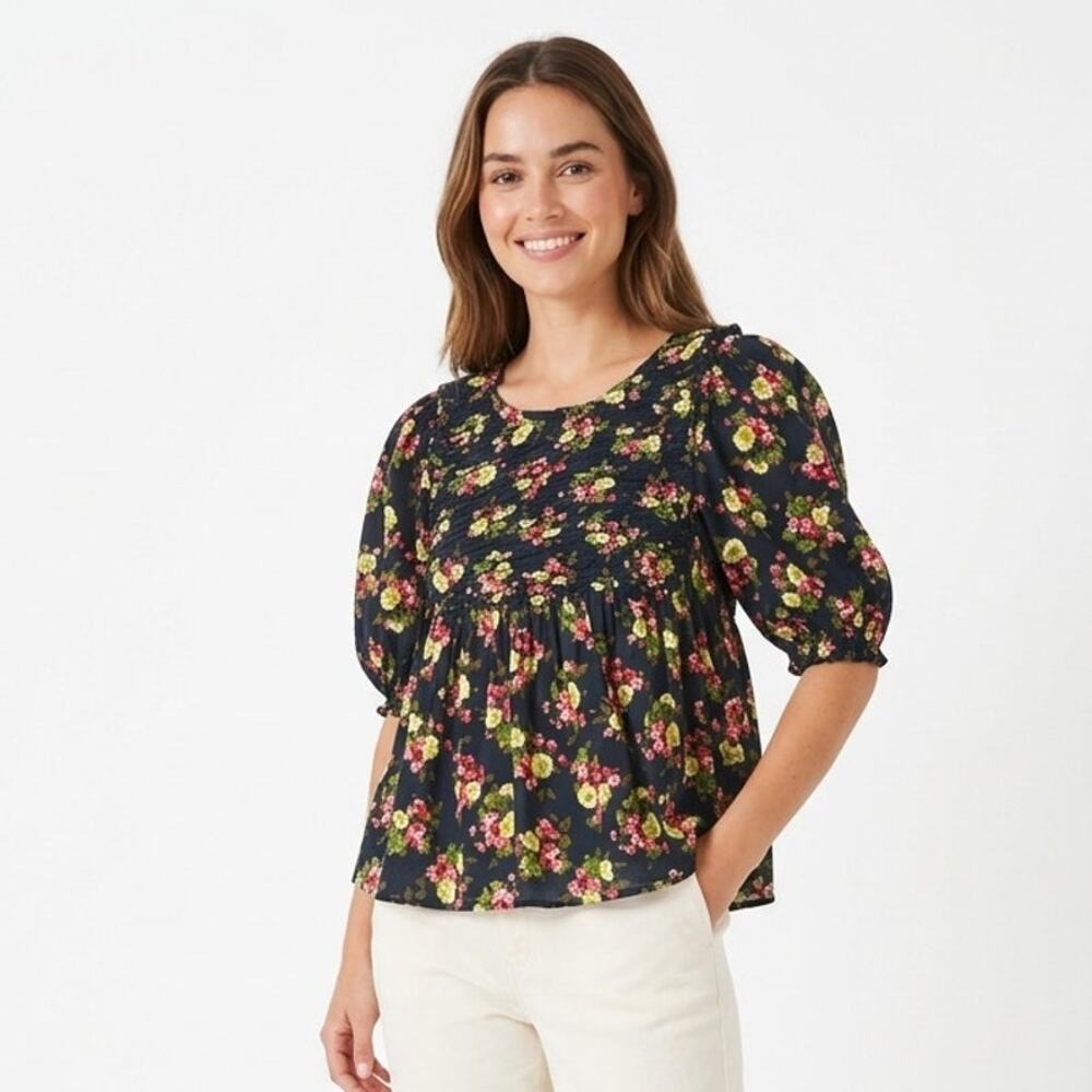 ZARA Blouse Top Womens S Dark Green Floral Smocked Detail Puff Sleeve Classic